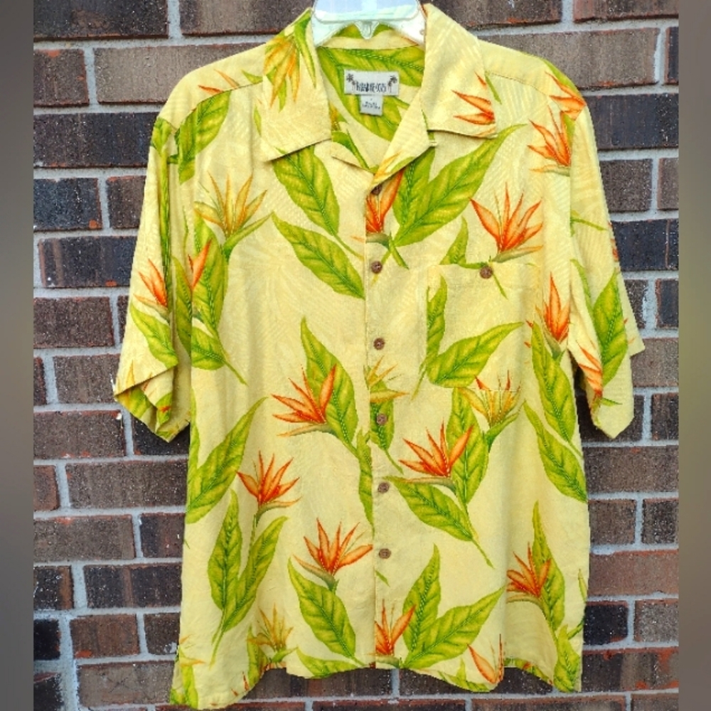 Paradise Coves Silk Hawaiian Shirt Yellow Floral Camp - Picture 2 of 7